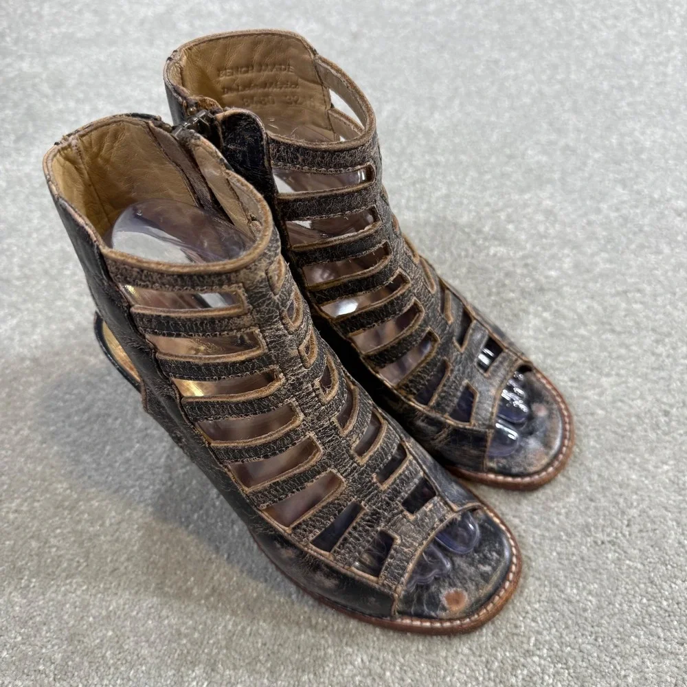 BED STU Occam Gladiator Distressed Leather Cage Peep Toe Heels Sz 6 Bench Made